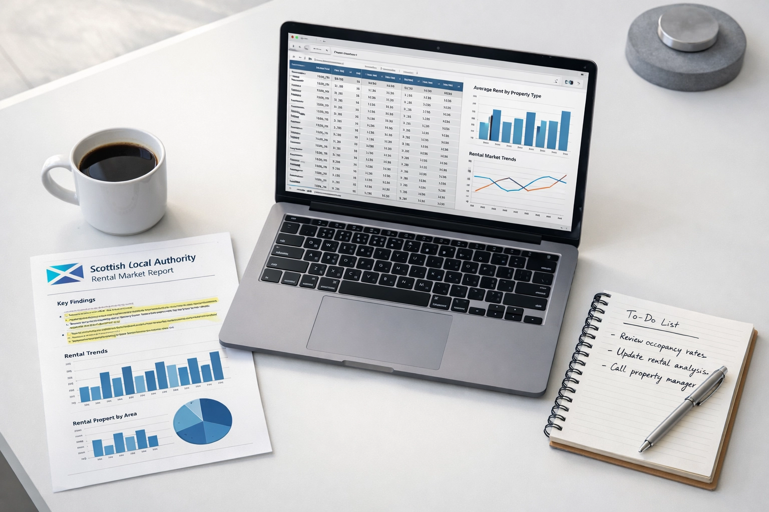 Laptop displaying rental data spreadsheet for Scottish local authority rent assessment report