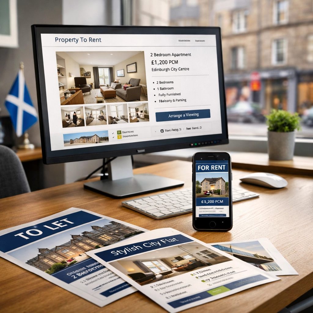 Scottish letting agent office desk with property listings and rental advertisement materials