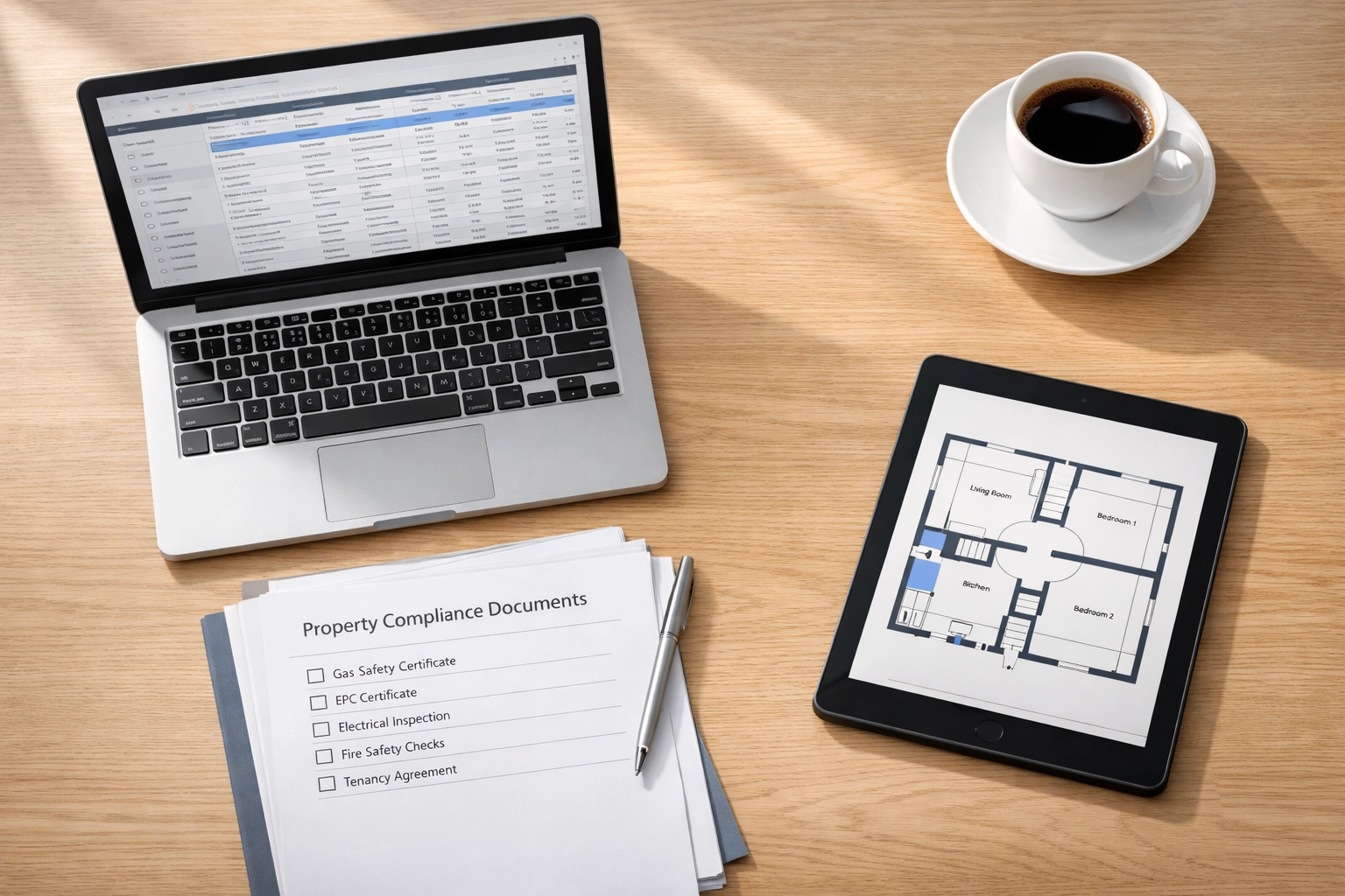 Professional lettings desk with compliance documents and digital property management tools in Scotland