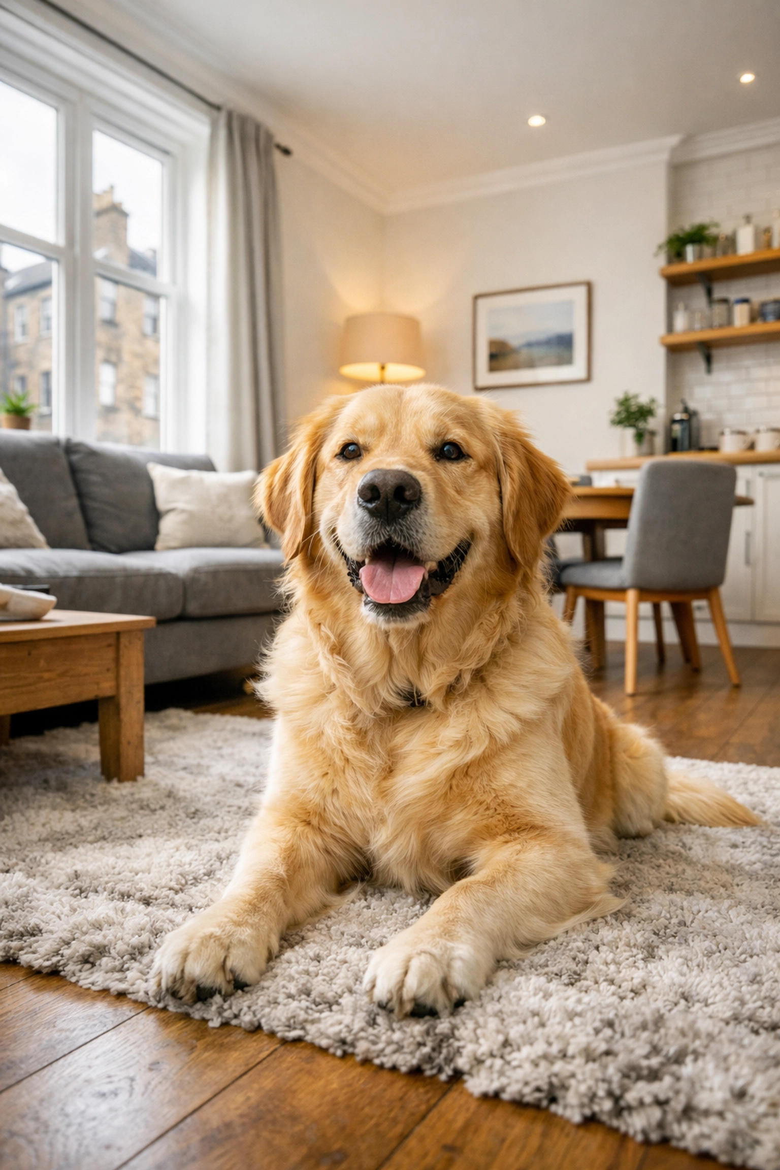 Dog in modern Scottish rental property illustrating new tenant pet rights under Housing (Scotland) Act 2025