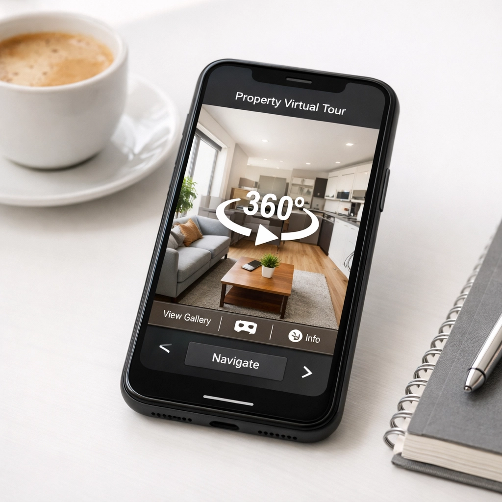 Smartphone displaying 360 property virtual tour of modern UK apartment for remote tenant viewing