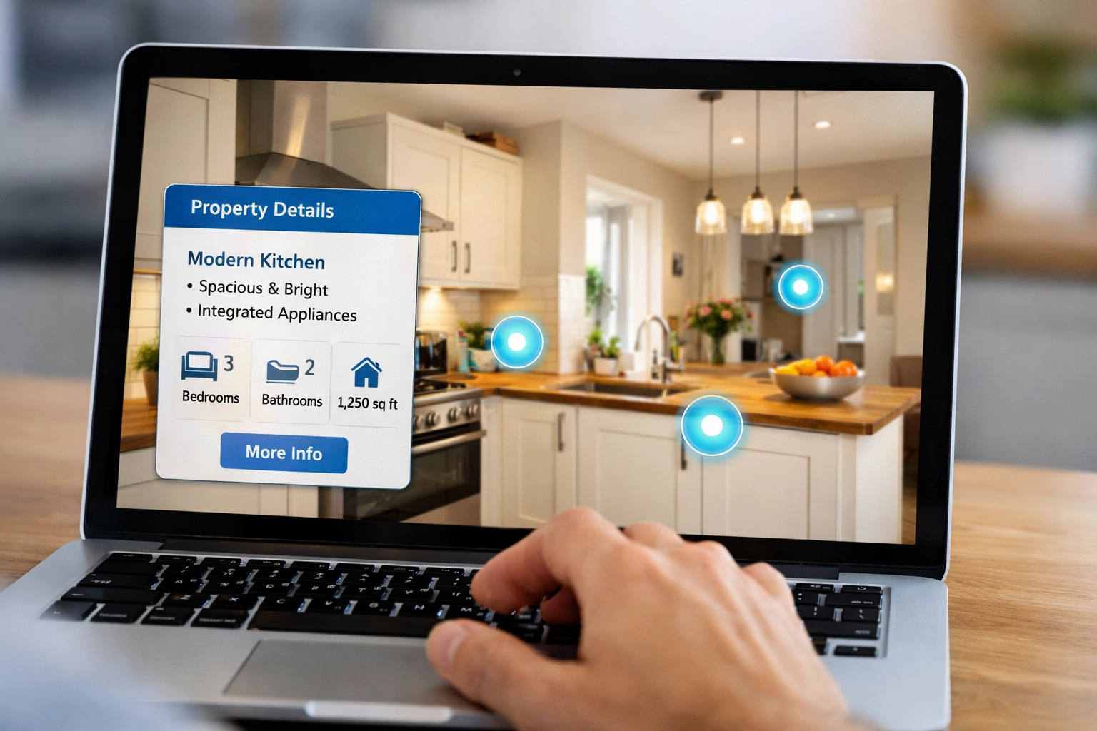 Interactive virtual property tour with clickable hotspots on laptop screen showing UK kitchen details