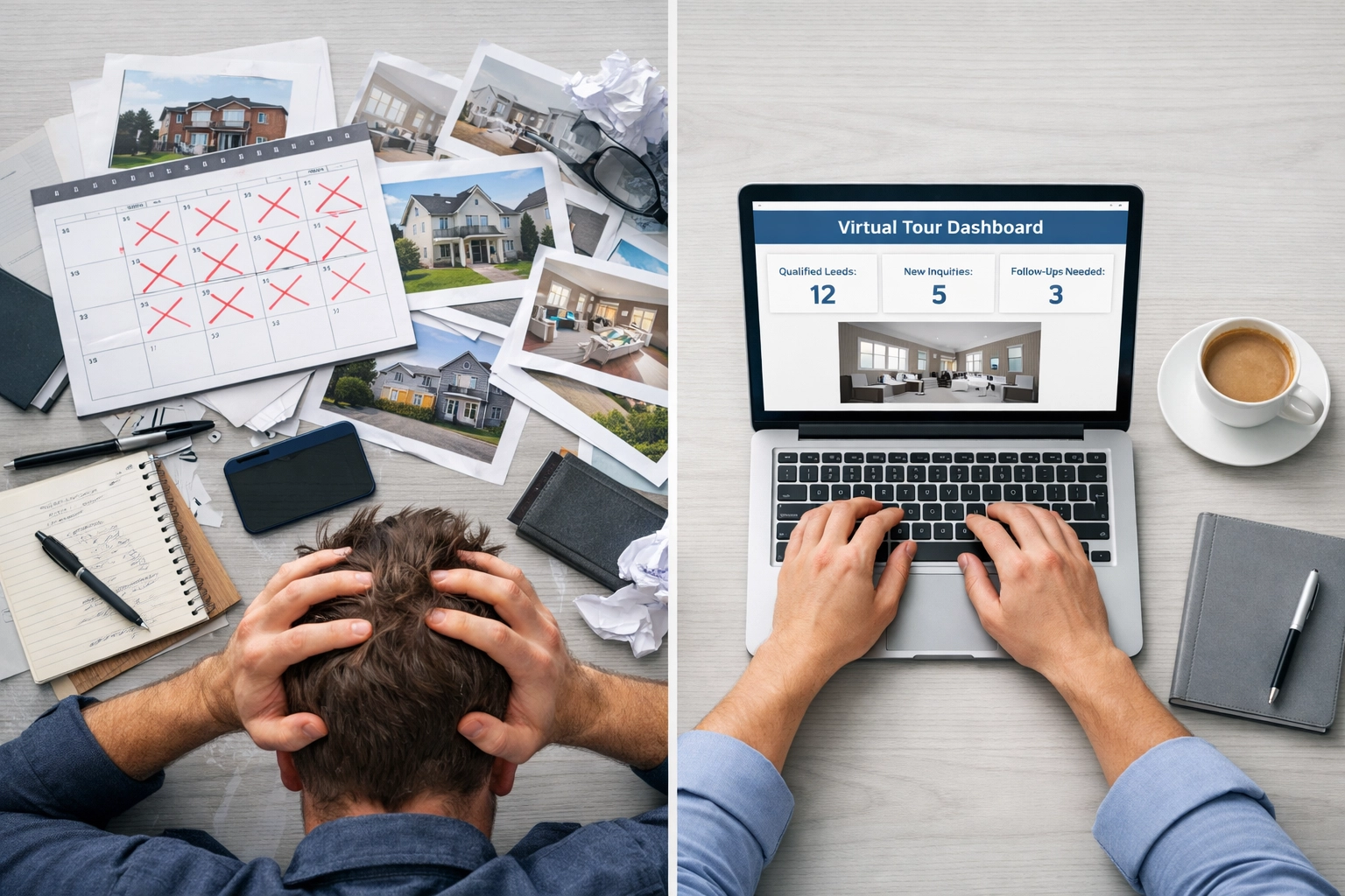Lettings agent desk showing workflow improvement with virtual tour dashboard for pre-qualifying tenants