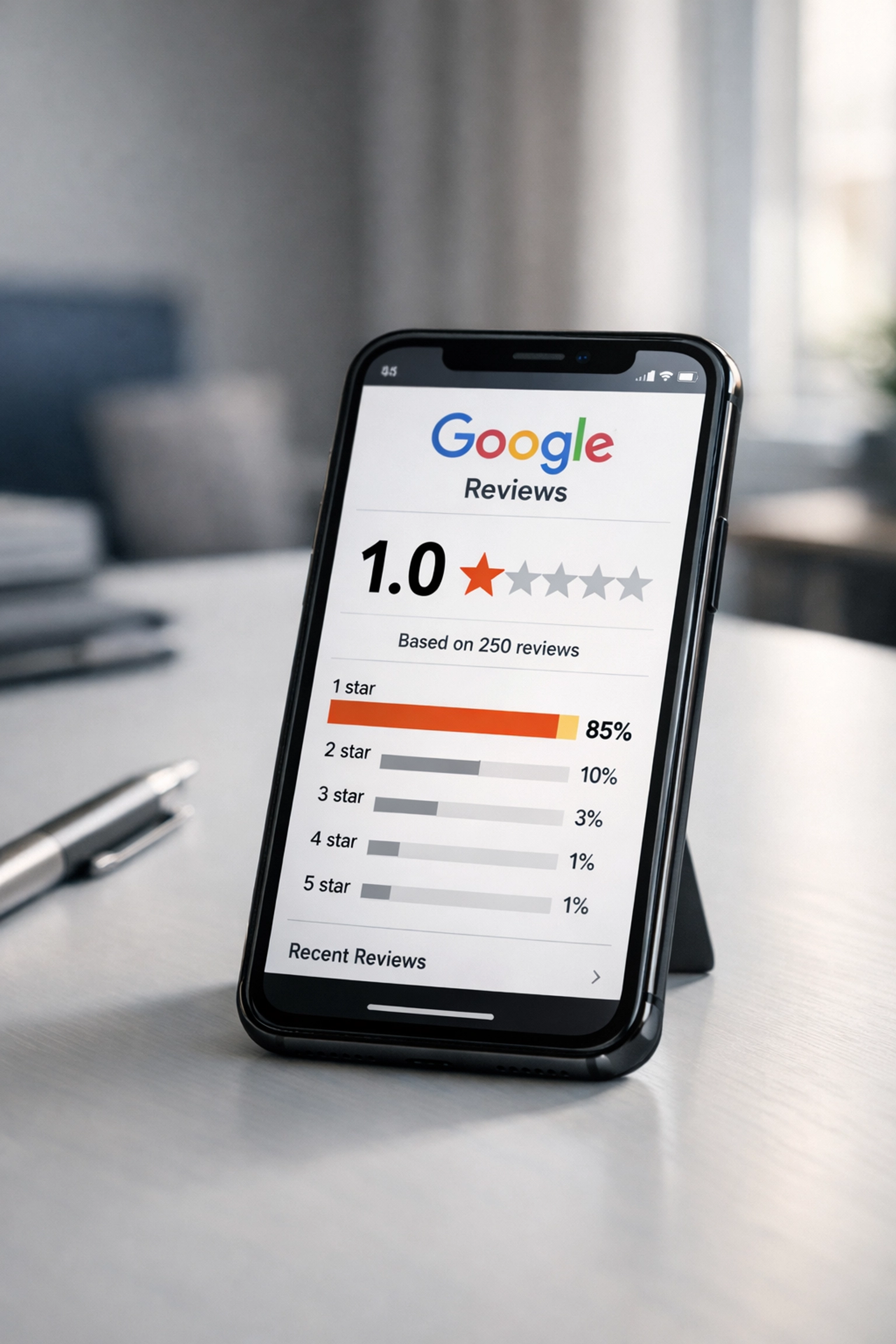 One-star Google review on phone screen impacting letting agent reputation