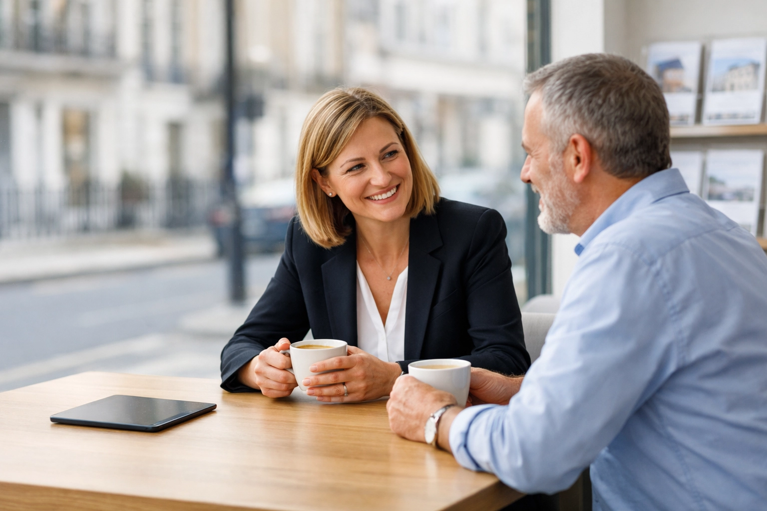 UK letting agent and landlord discussing property management in a modern office with tenant onboarding software nearby.