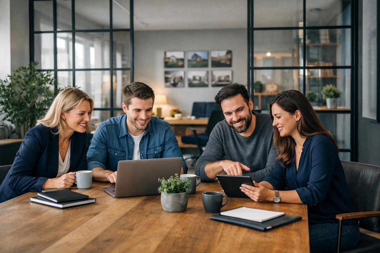 Modern UK property team collaborating in an office optimized by a letting process management platform.