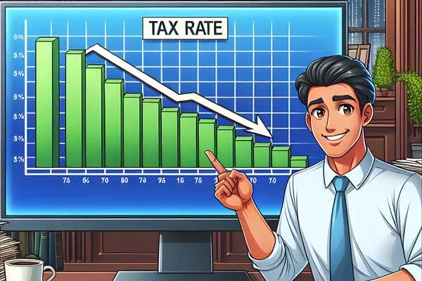 man pointing to a computer screen with a diagram showing lowering tax rates
