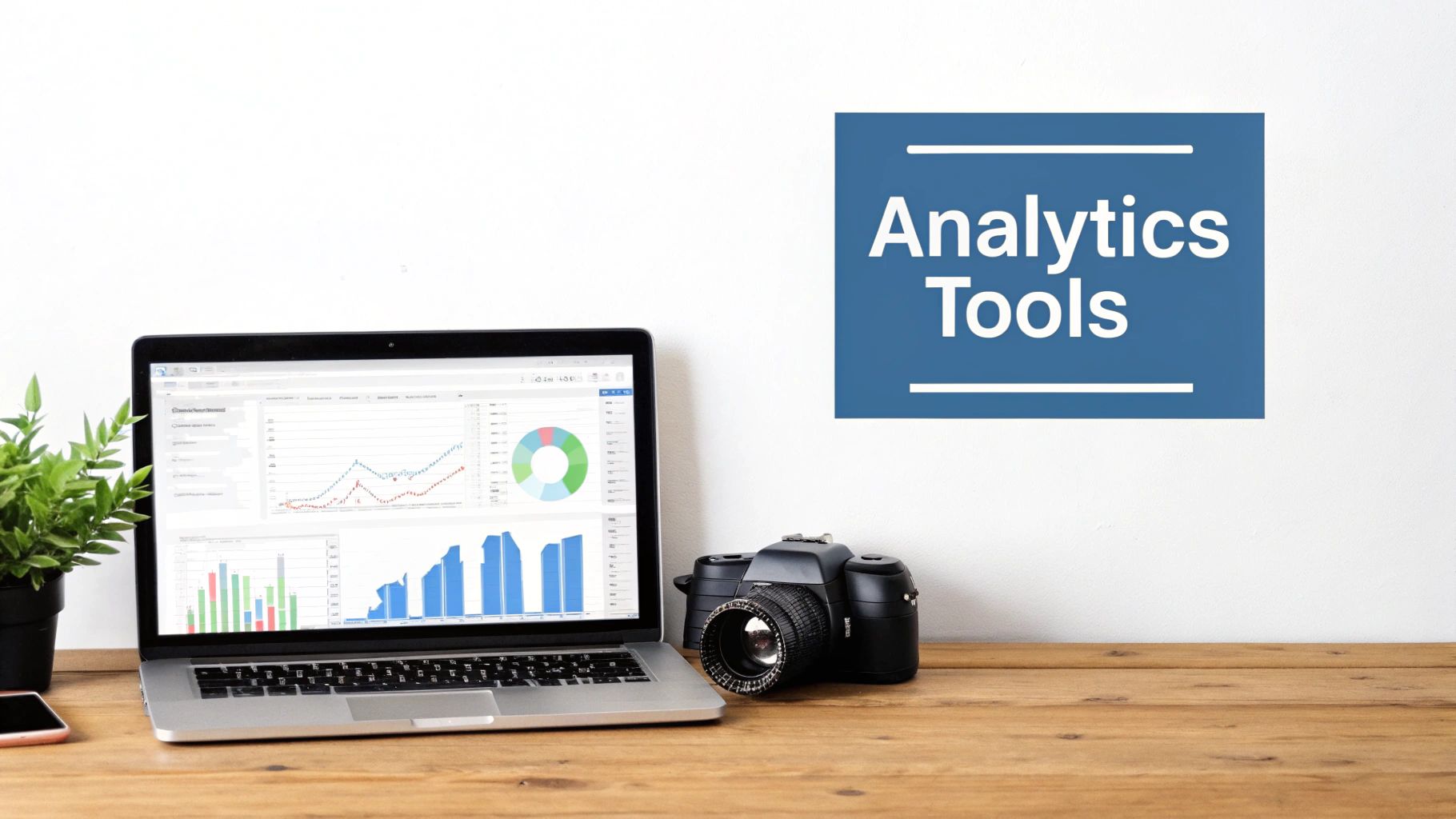 Laptop with analytics dashboard, camera, and plant on wooden desk