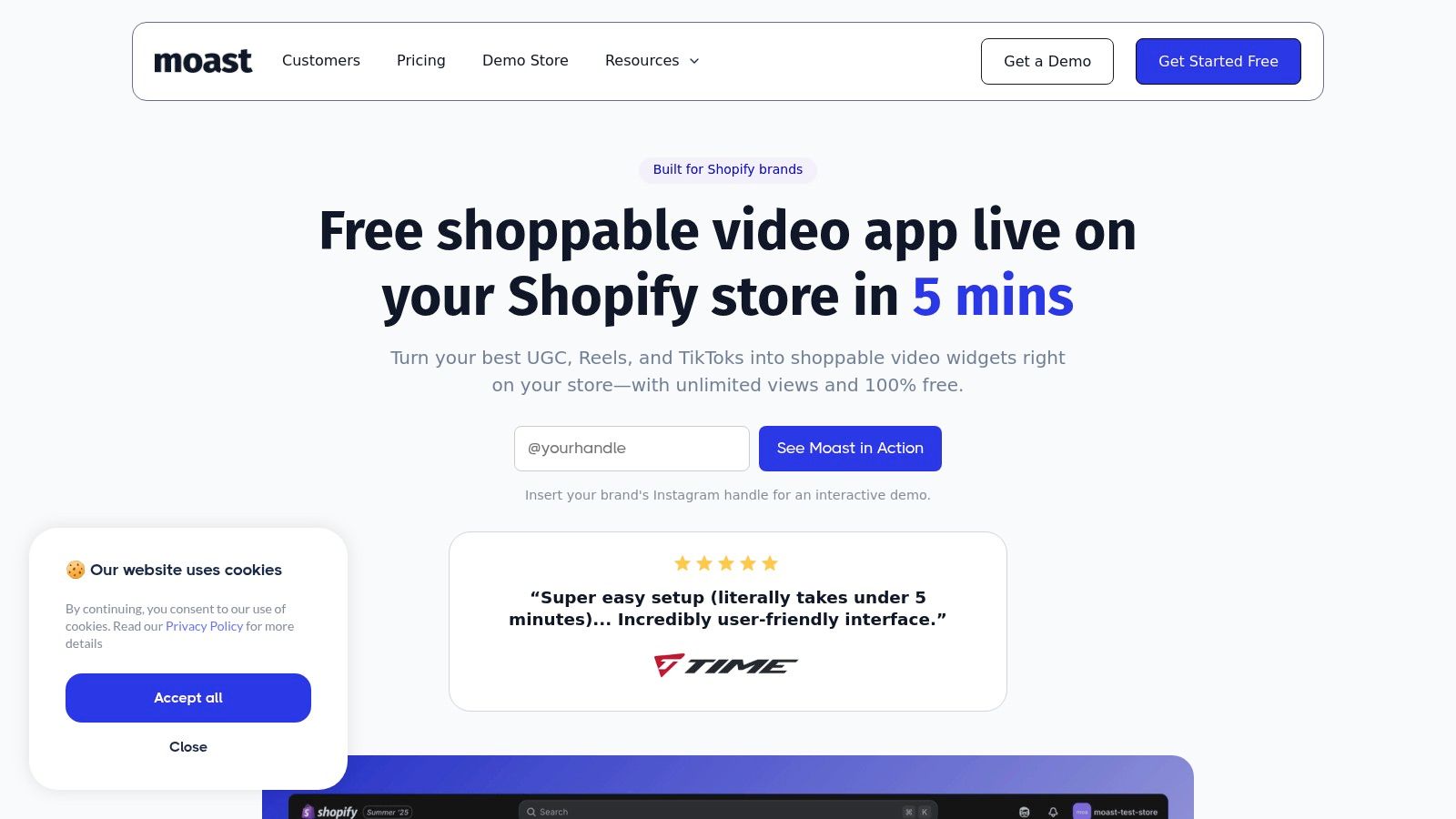 Moast shoppable video widget on a Shopify store
