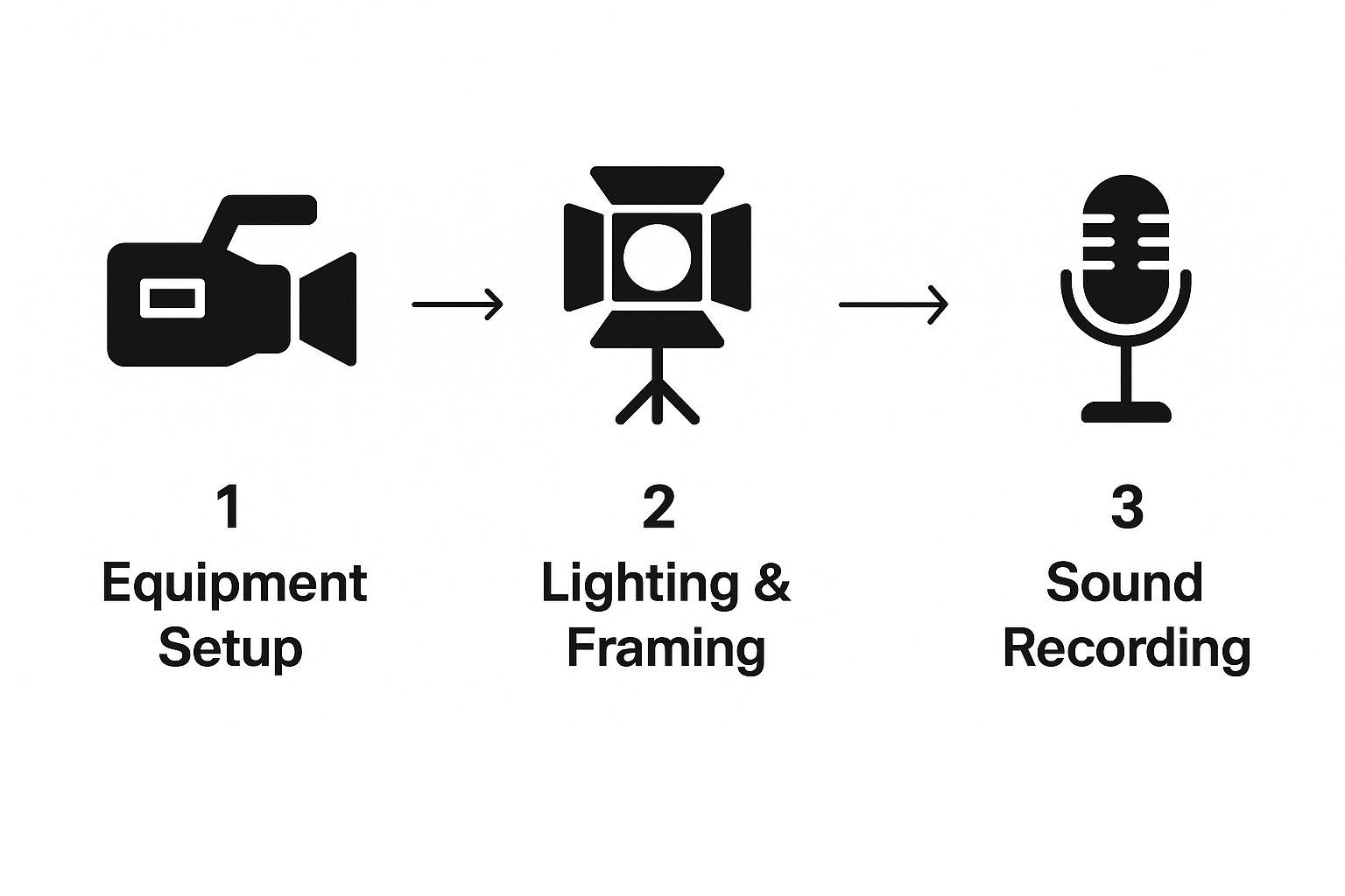 Video production workflow: equipment, lighting, and sound recording steps