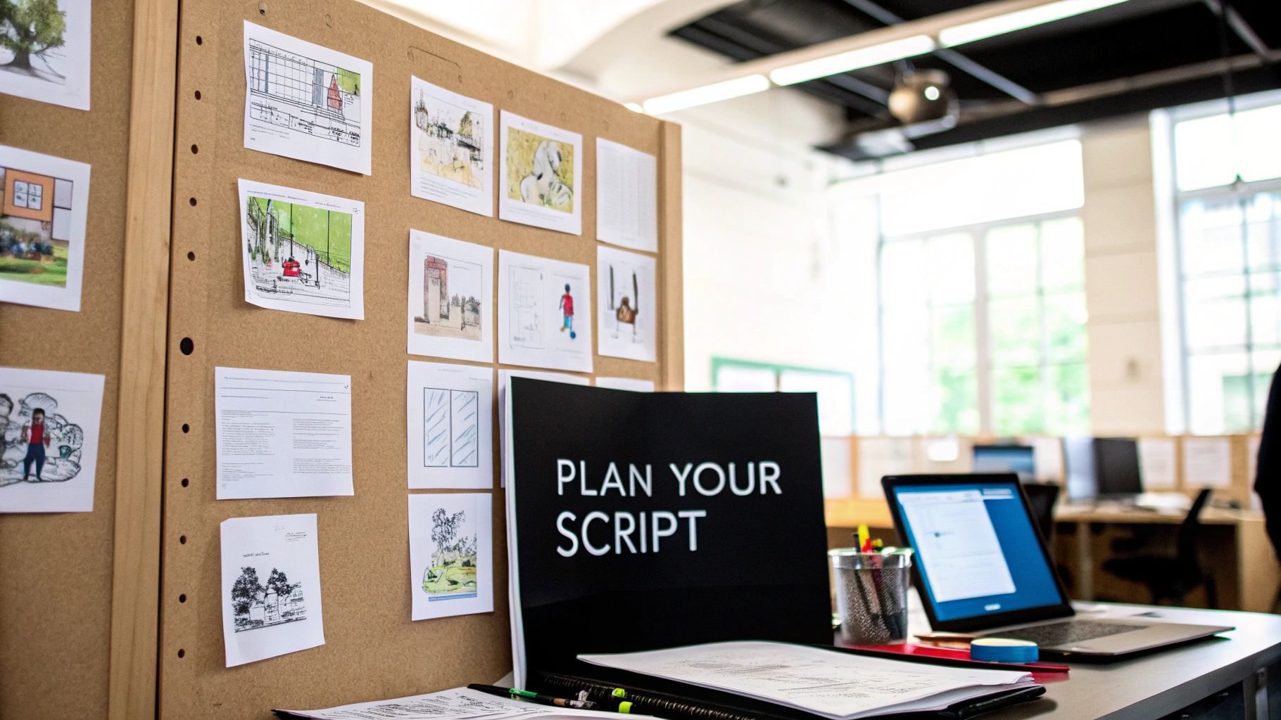 Script planning workspace with storyboard, laptop, and inspirational screen