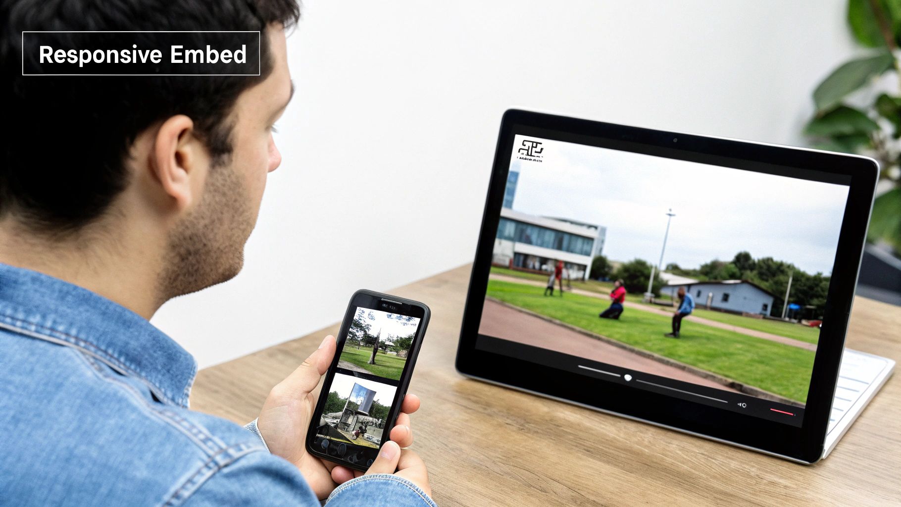 Person viewing responsive video embed on tablet and smartphone