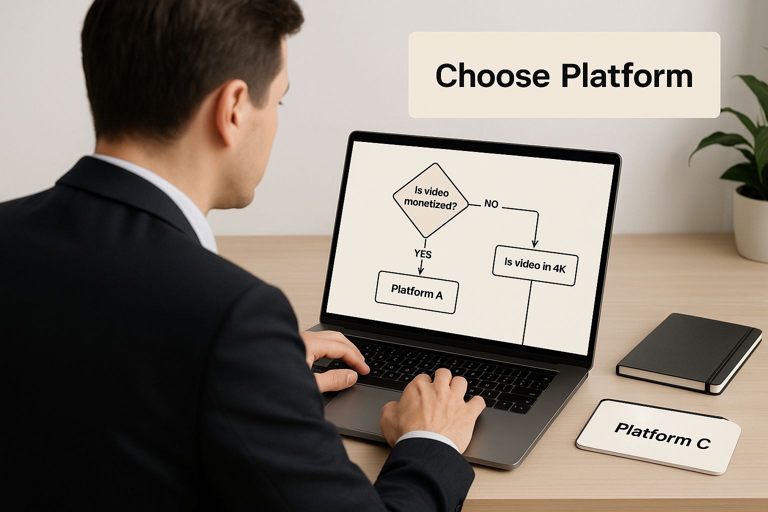 Businessman analyzing platform selection flowchart on laptop screen