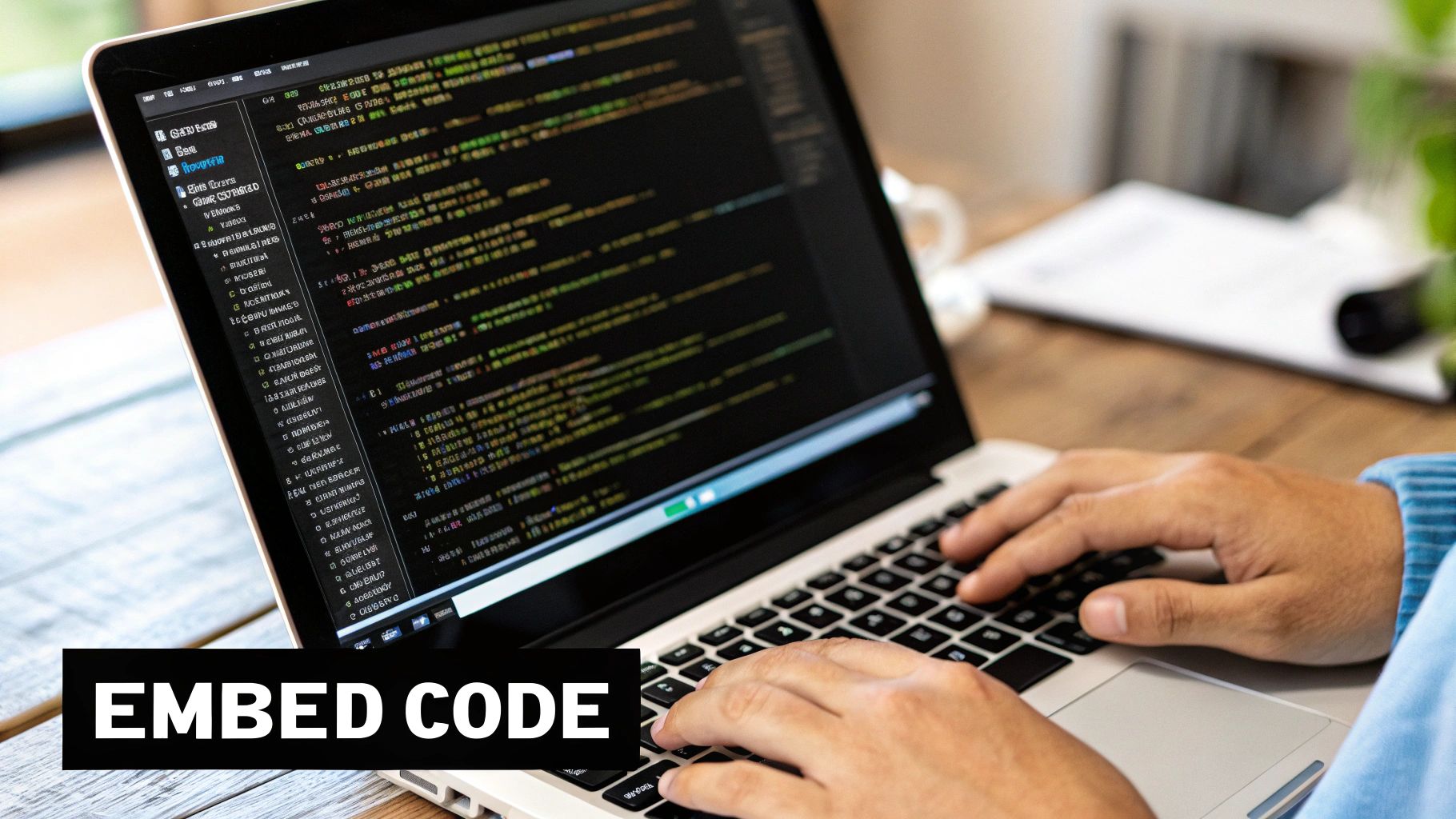 Programmer working on laptop with colorful code lines on screen