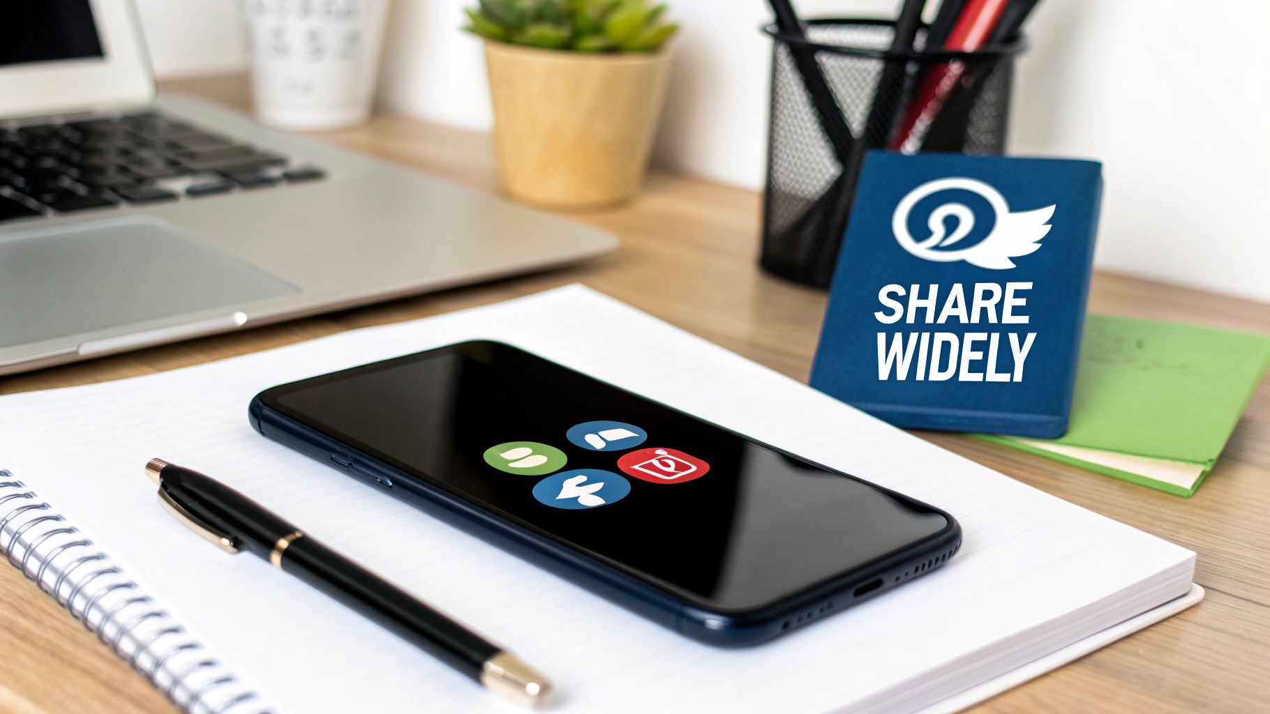 Smartphone with social media sharing icons on desk with laptop