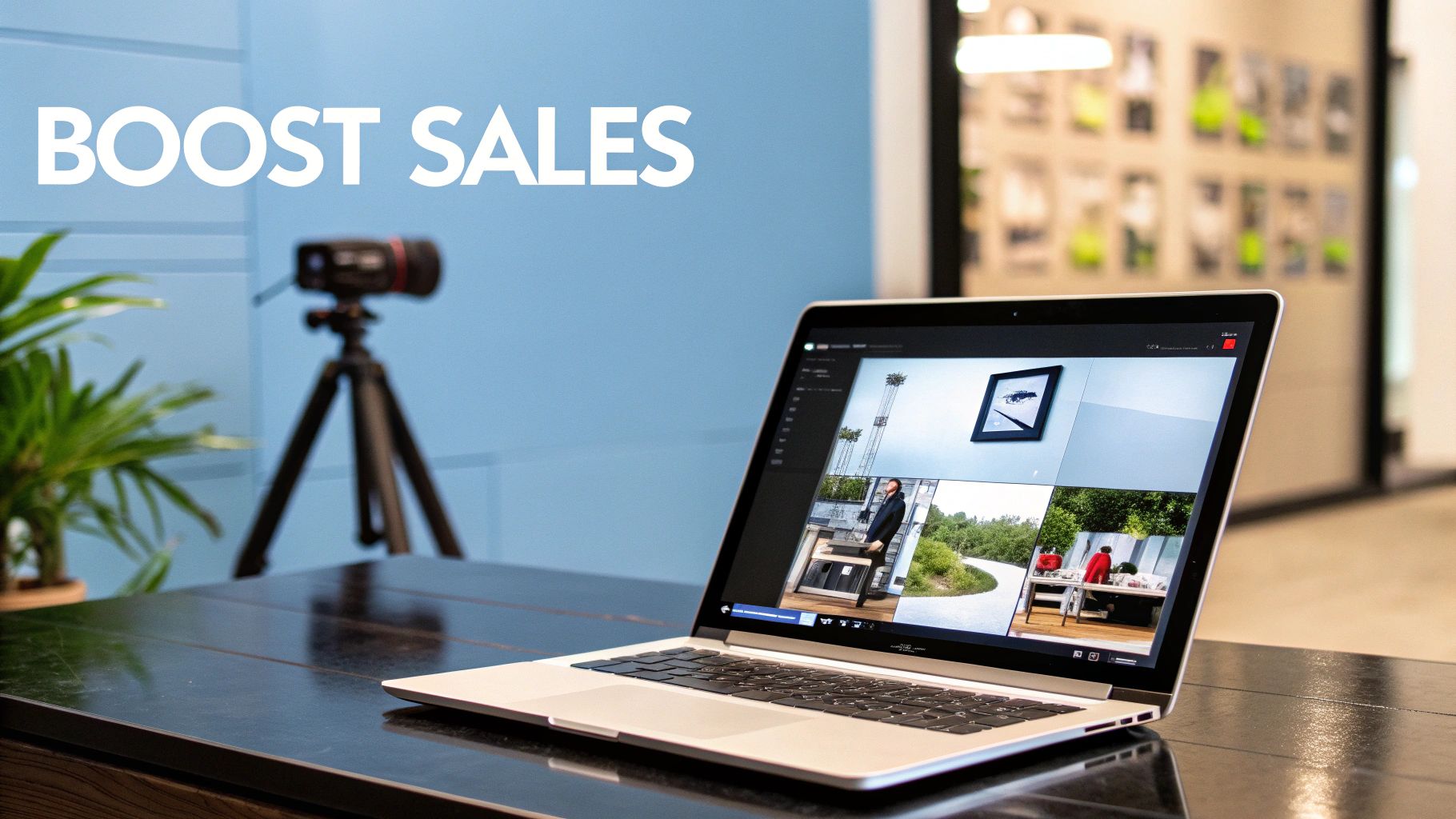 Laptop with video editing software and camera on tripod for sales boost