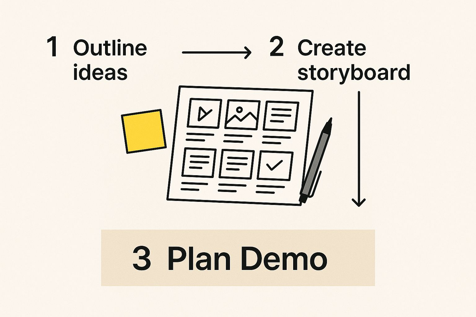 Workflow steps: outline ideas, create storyboard, plan demo