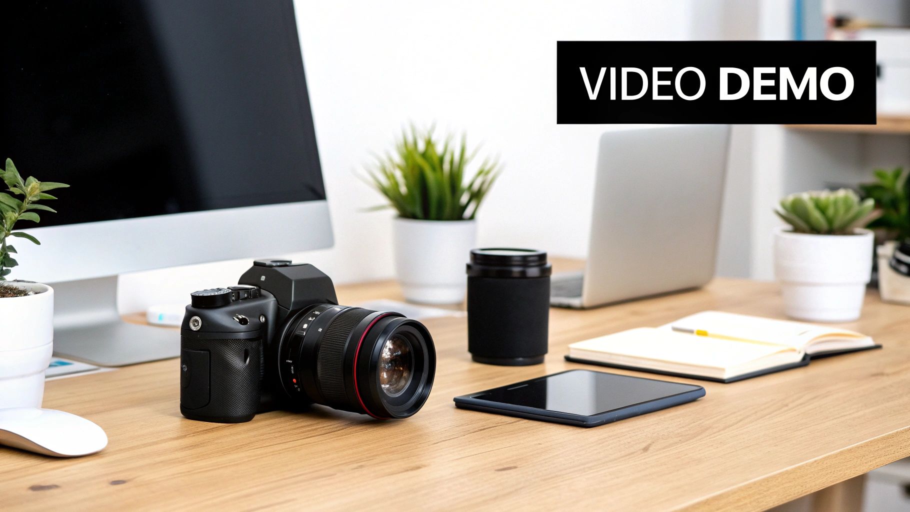 Camera and equipment on desk for video demo with plants and tablet