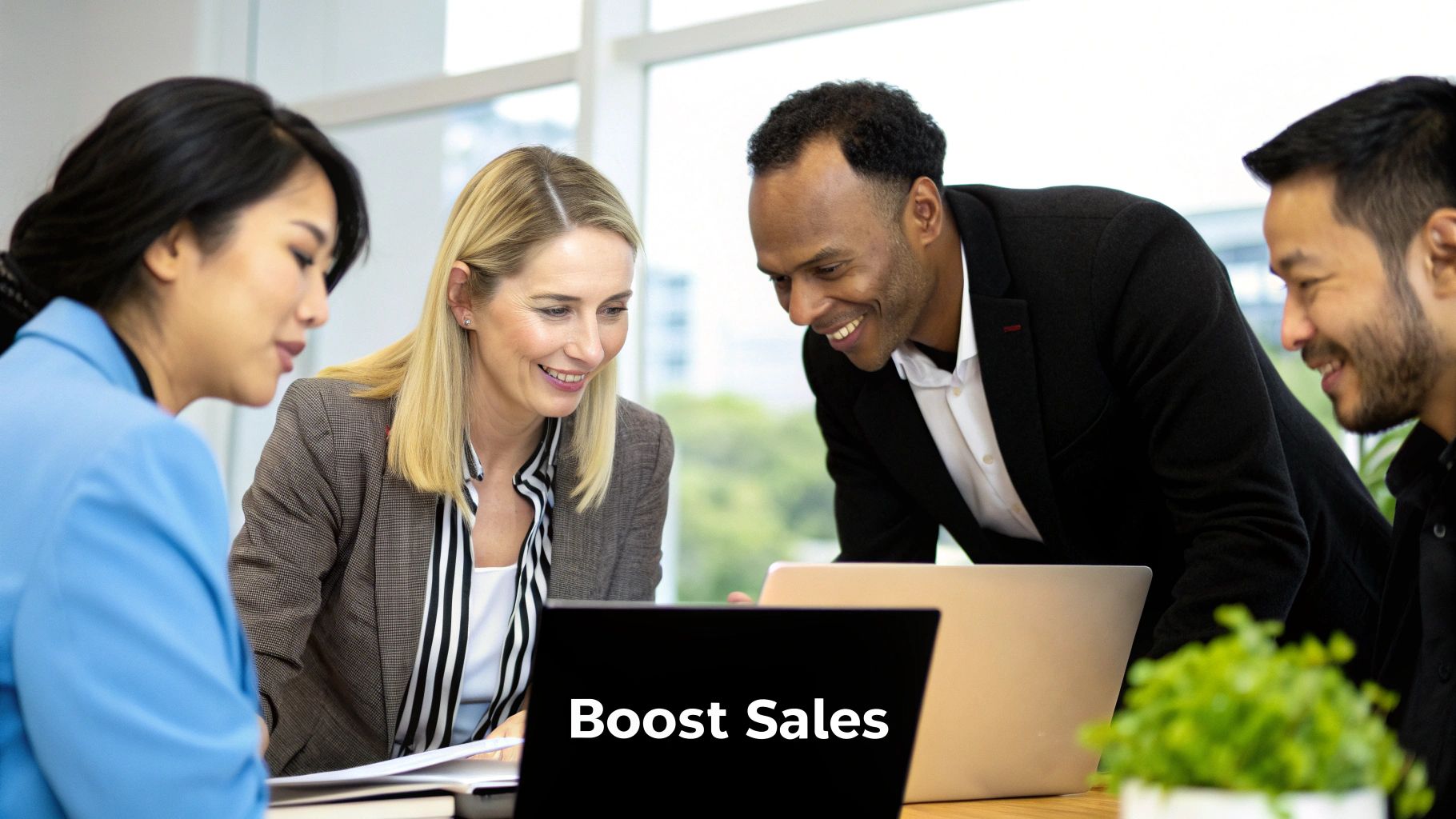 Diverse business team collaborating on laptop to boost sales strategy