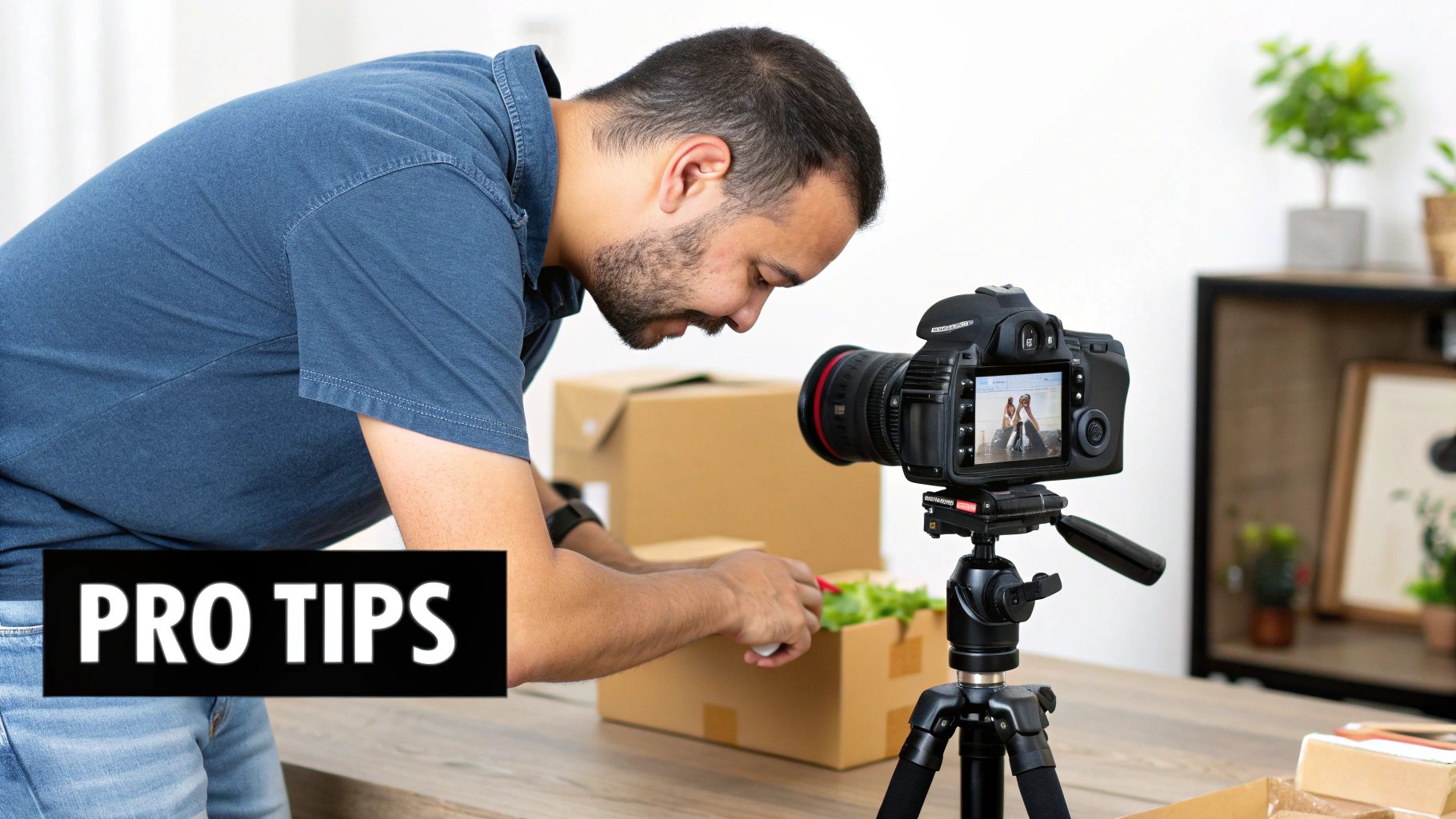 Photographer adjusting camera on tripod while reviewing image on screen