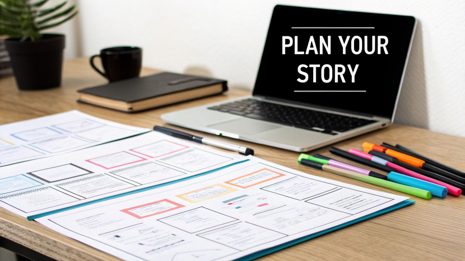 Storytelling workspace with storyboard, laptop, and colorful markers