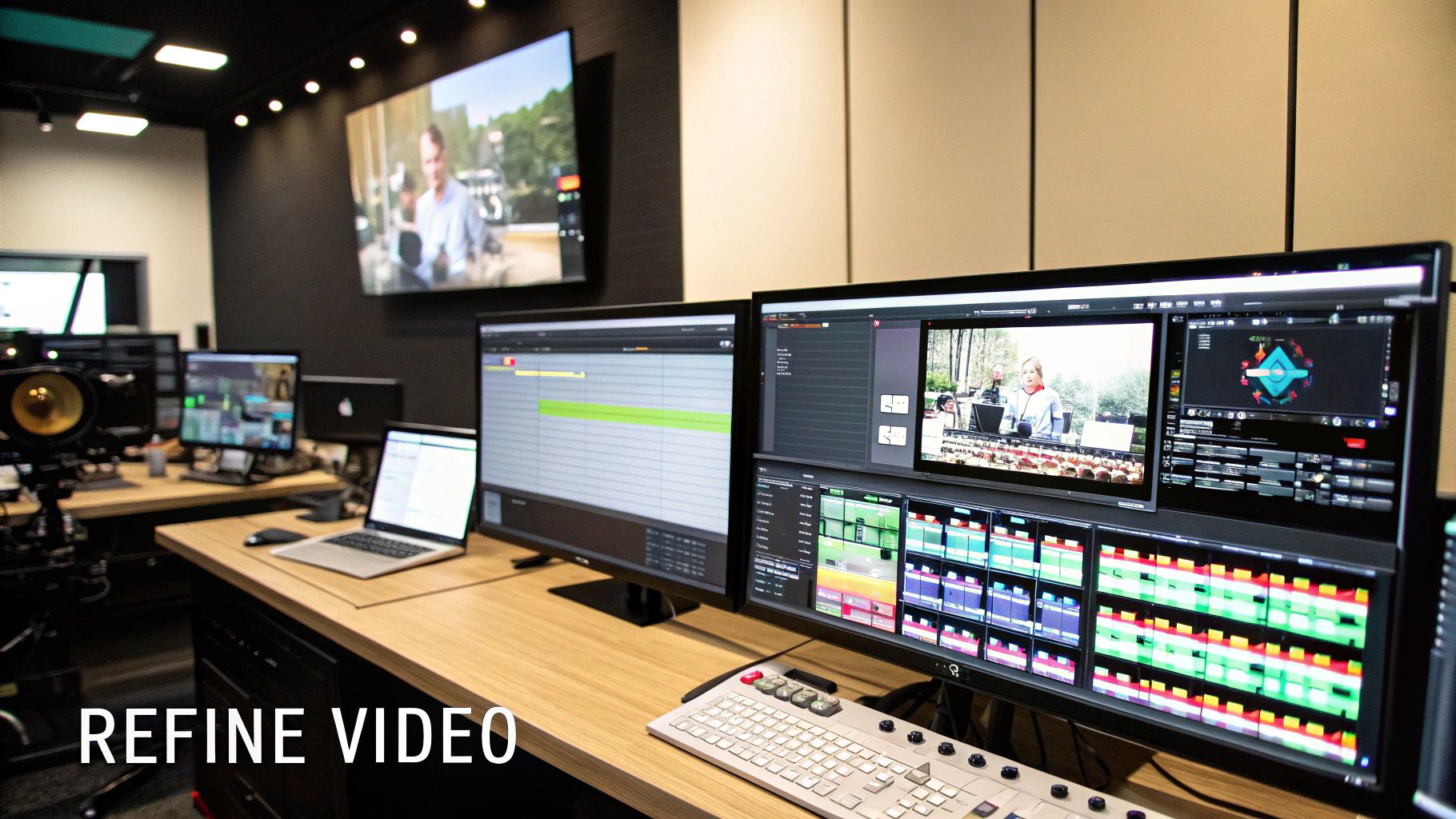 Professional video editing workspace with multiple monitors and color grading screens