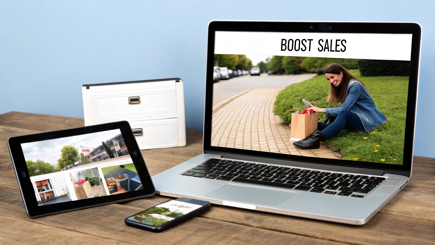 Laptop and devices displaying marketing strategy to boost sales