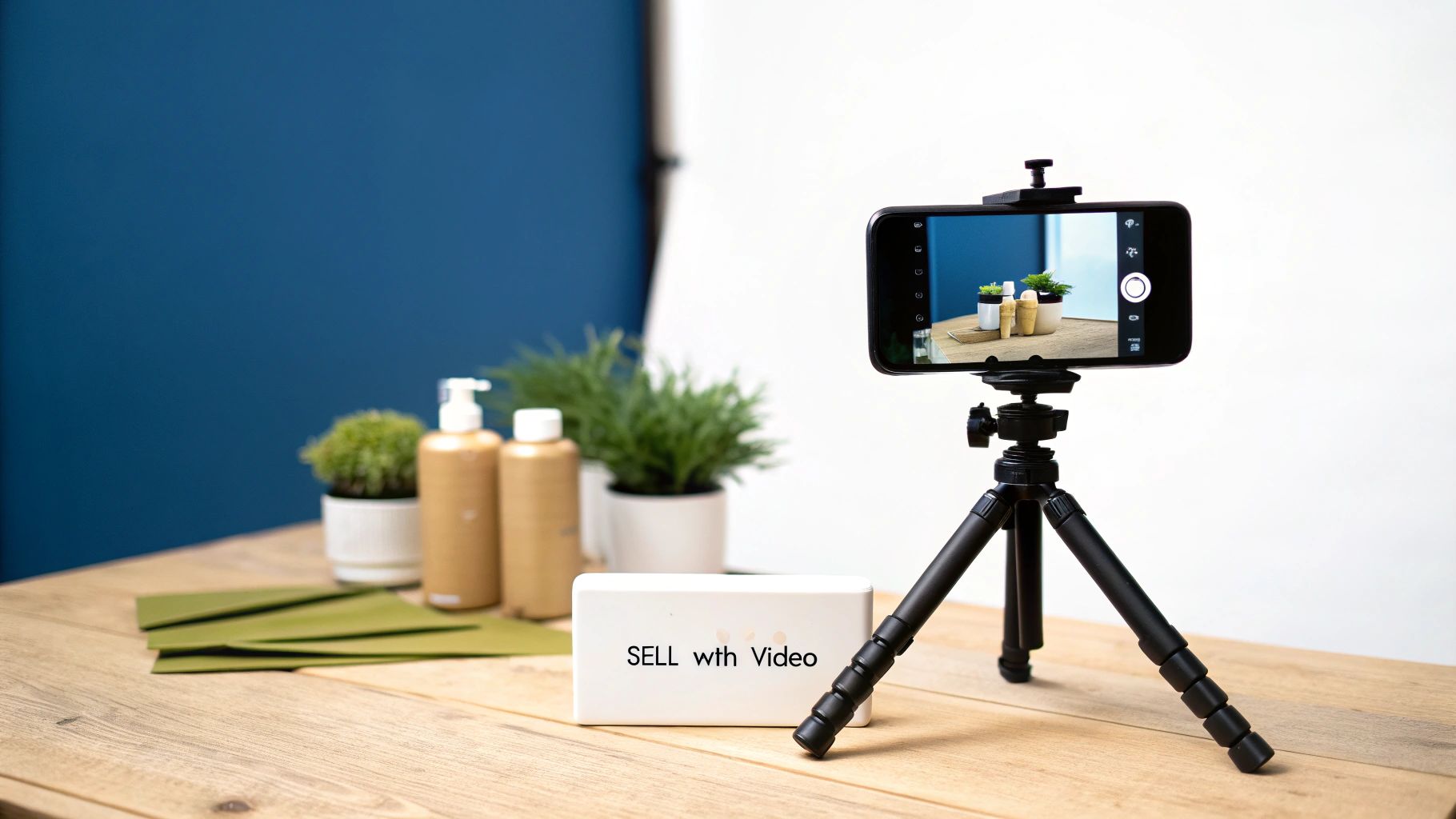 Smartphone on tripod filming product setup with 'Sell with Video' sign