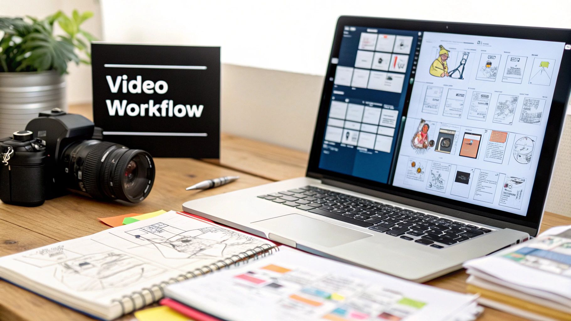 Workspace with camera, laptop showing video workflow storyboards, and notes