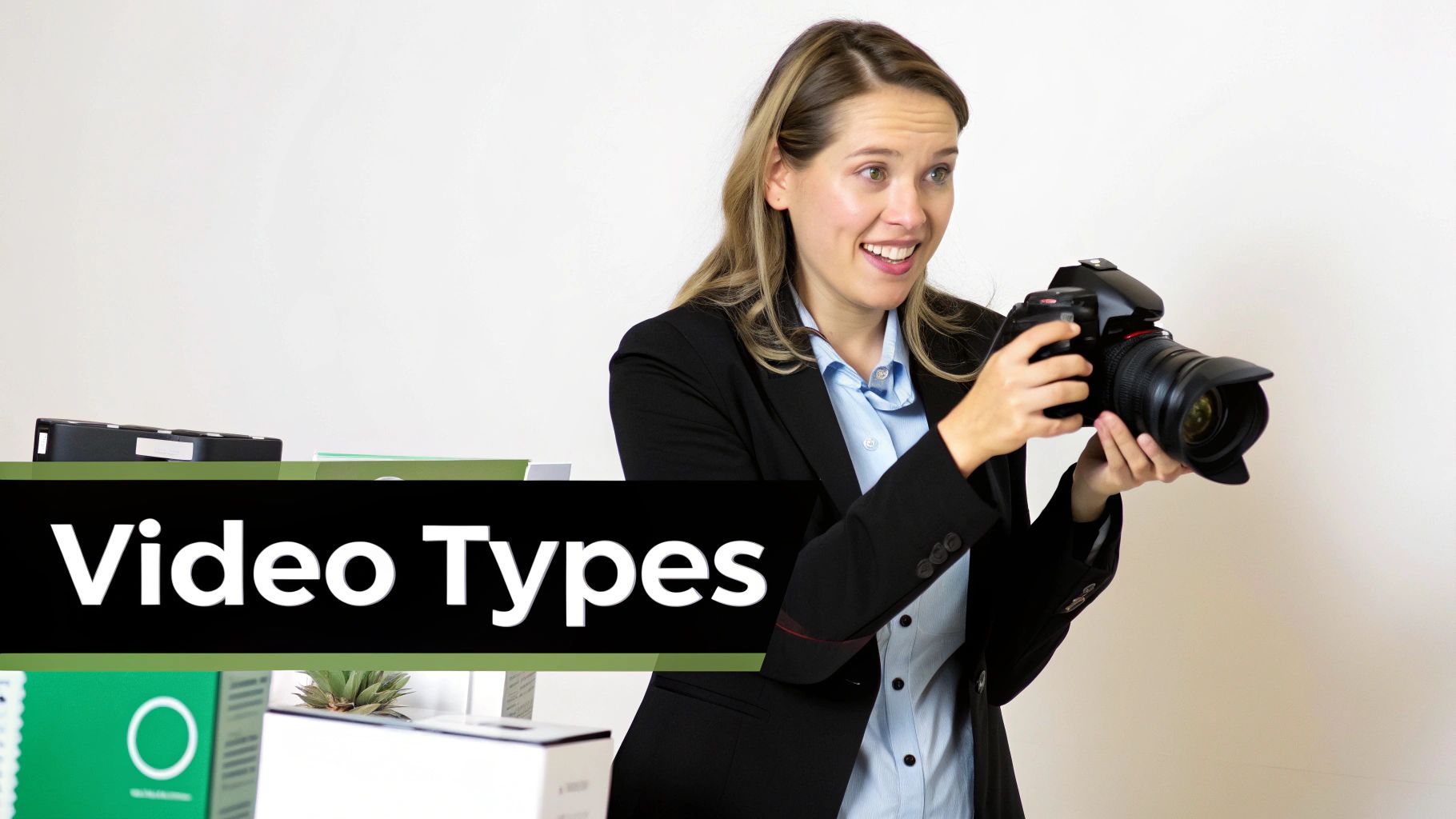 Professional woman holding camera during video types presentation