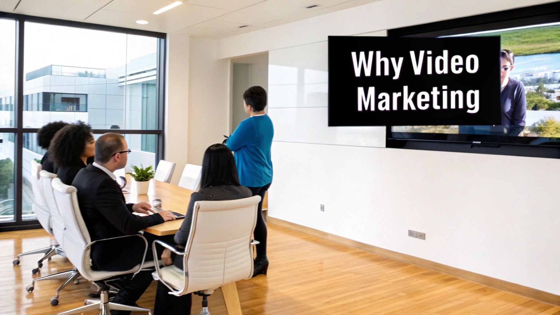 Business team in meeting room learning about video marketing strategy