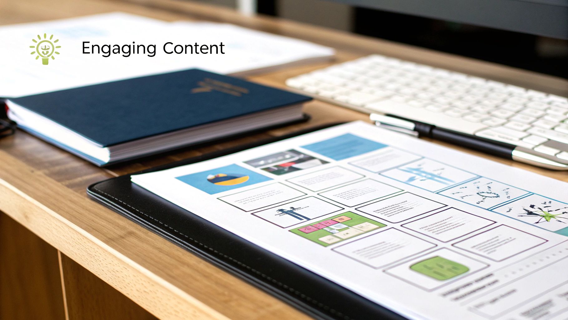 Content planning document with laptop and notebook on wooden desk