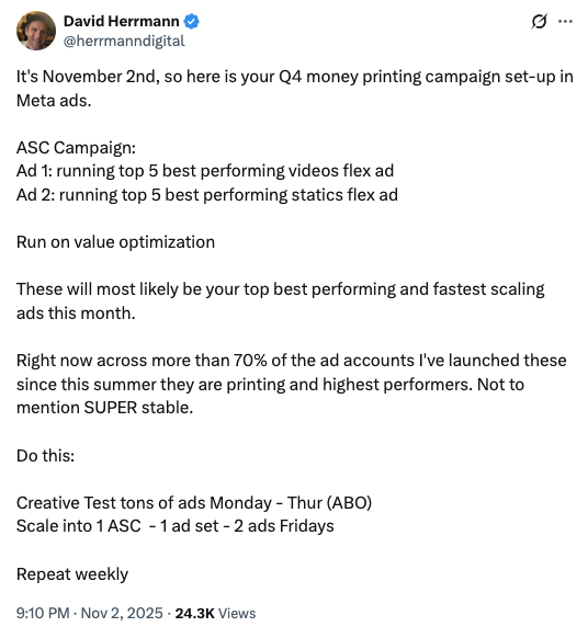 A tweet from David Herrmann on Meta ads setup