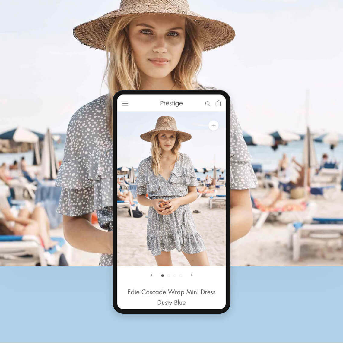 Woman in straw hat holding smartphone displaying beach fashion ad