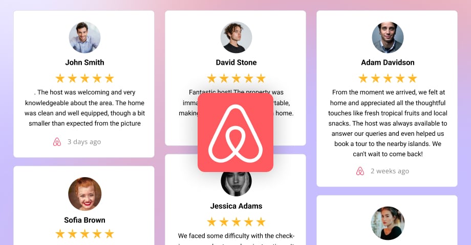 Airbnb reviews with customer ratings and profile pictures