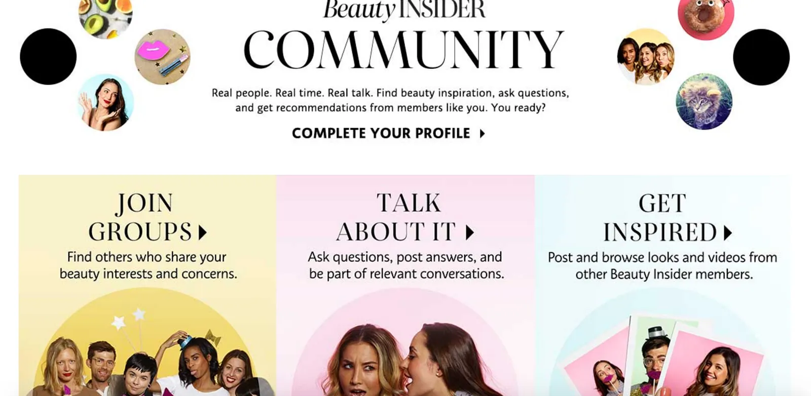 Beauty Insider Community webpage showcasing group interactions and beauty sharing