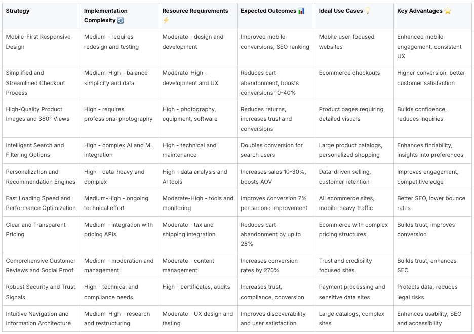 Ecommerce strategy table comparing implementation complexity and key advantages