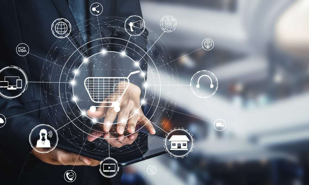 Digital shopping cart with interconnected technology and communication icons