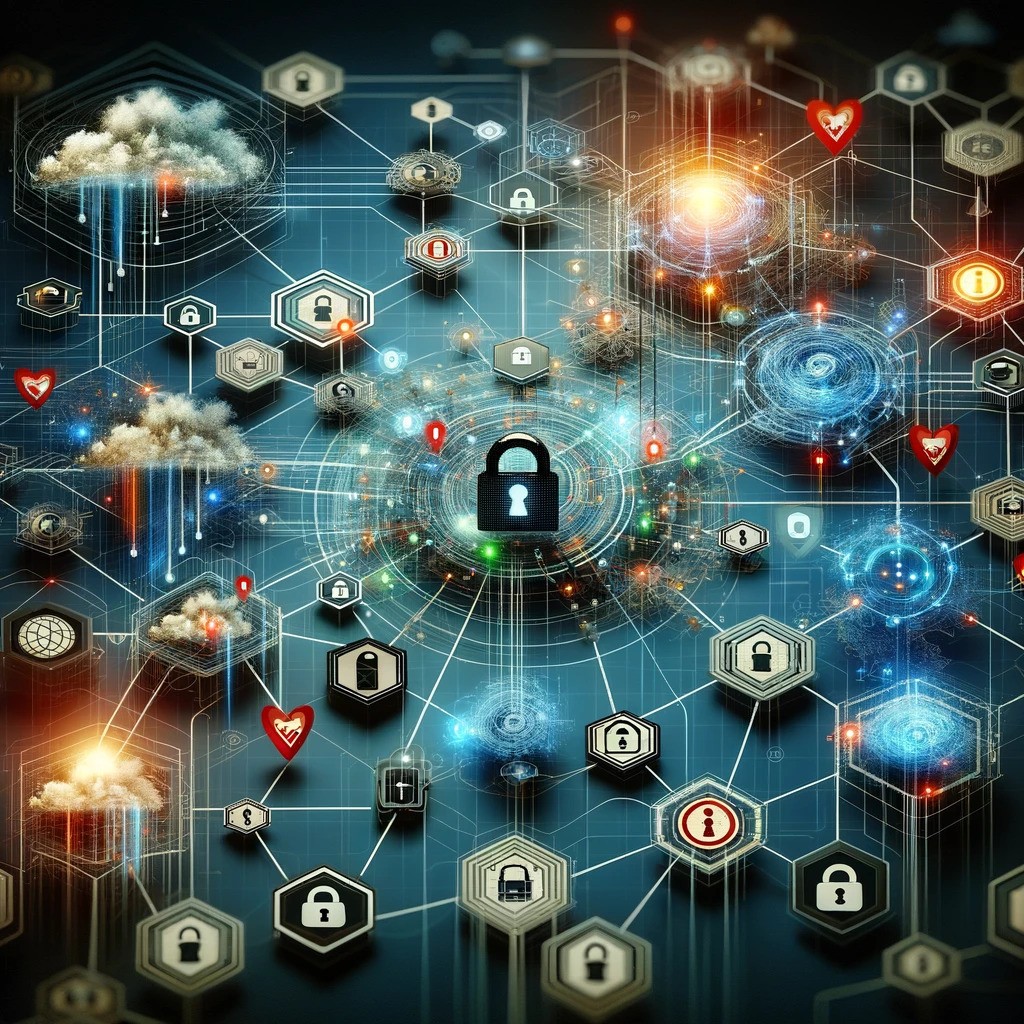 Cybersecurity network with interconnected locks, clouds, and digital connections