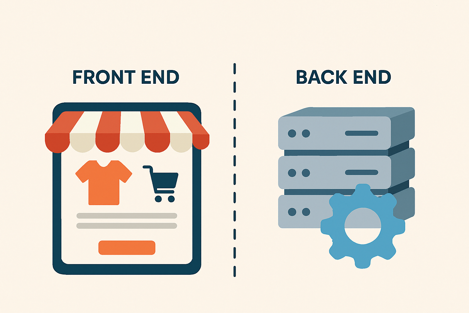 Front-end and back-end web development visualization with storefront and servers