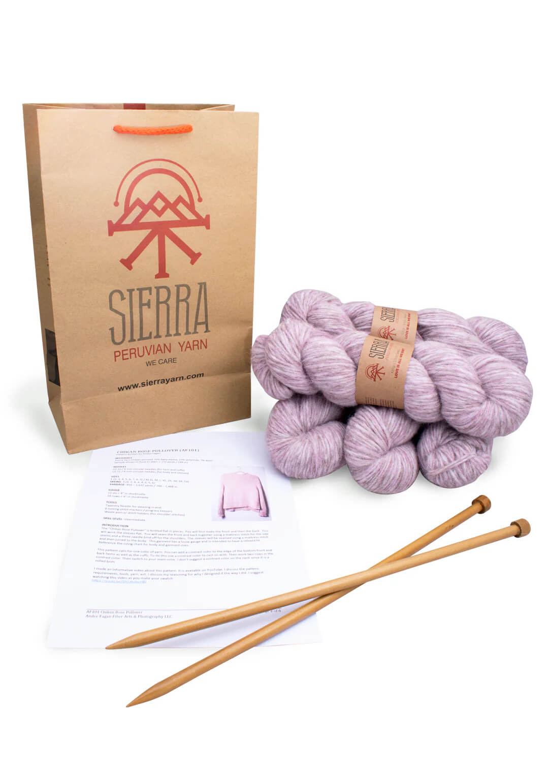Sierra Peruvian Yarn with knitting needles and product information
