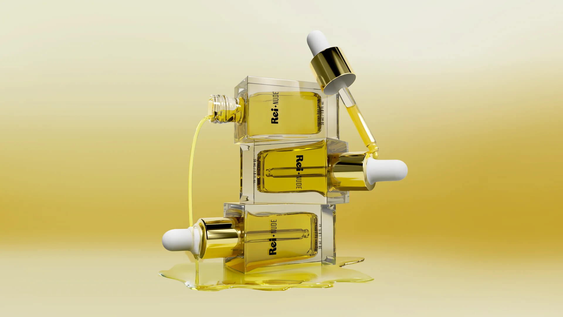Stacked yellow skincare serum bottles with dropper on gradient background
