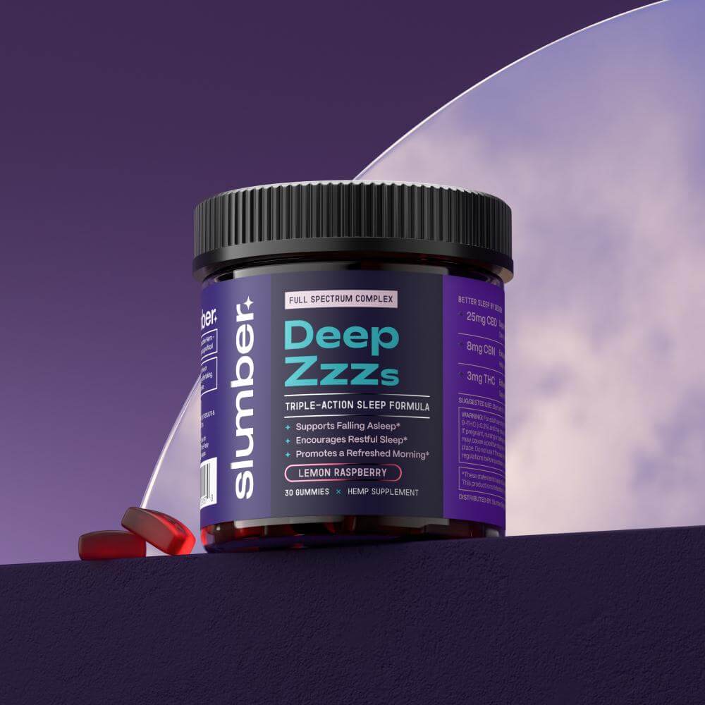 Slumber sleep gummies jar with lemon raspberry flavor and CBD
