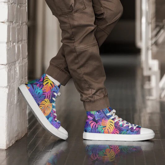 Colorful tropical leaf print high-top sneakers with white soles