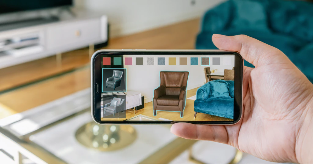 Augmented reality furniture app showing chair color and placement options