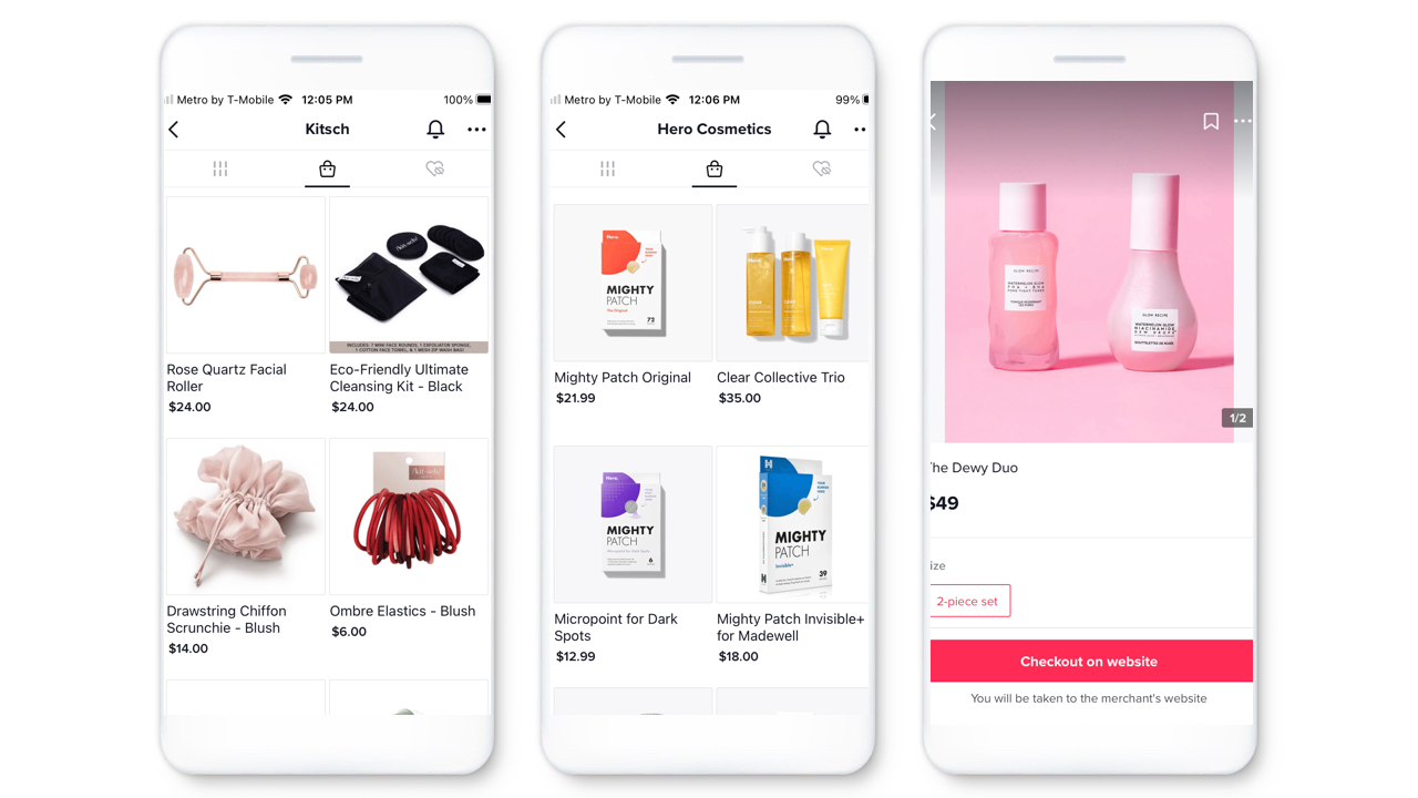 Mobile shopping screens displaying skincare and beauty products