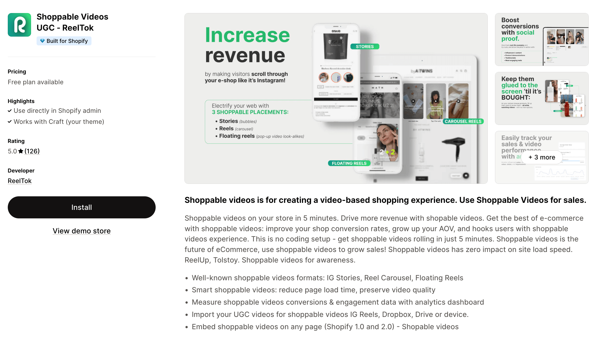 ReelTok Shopify app showcasing shoppable video features for e-commerce