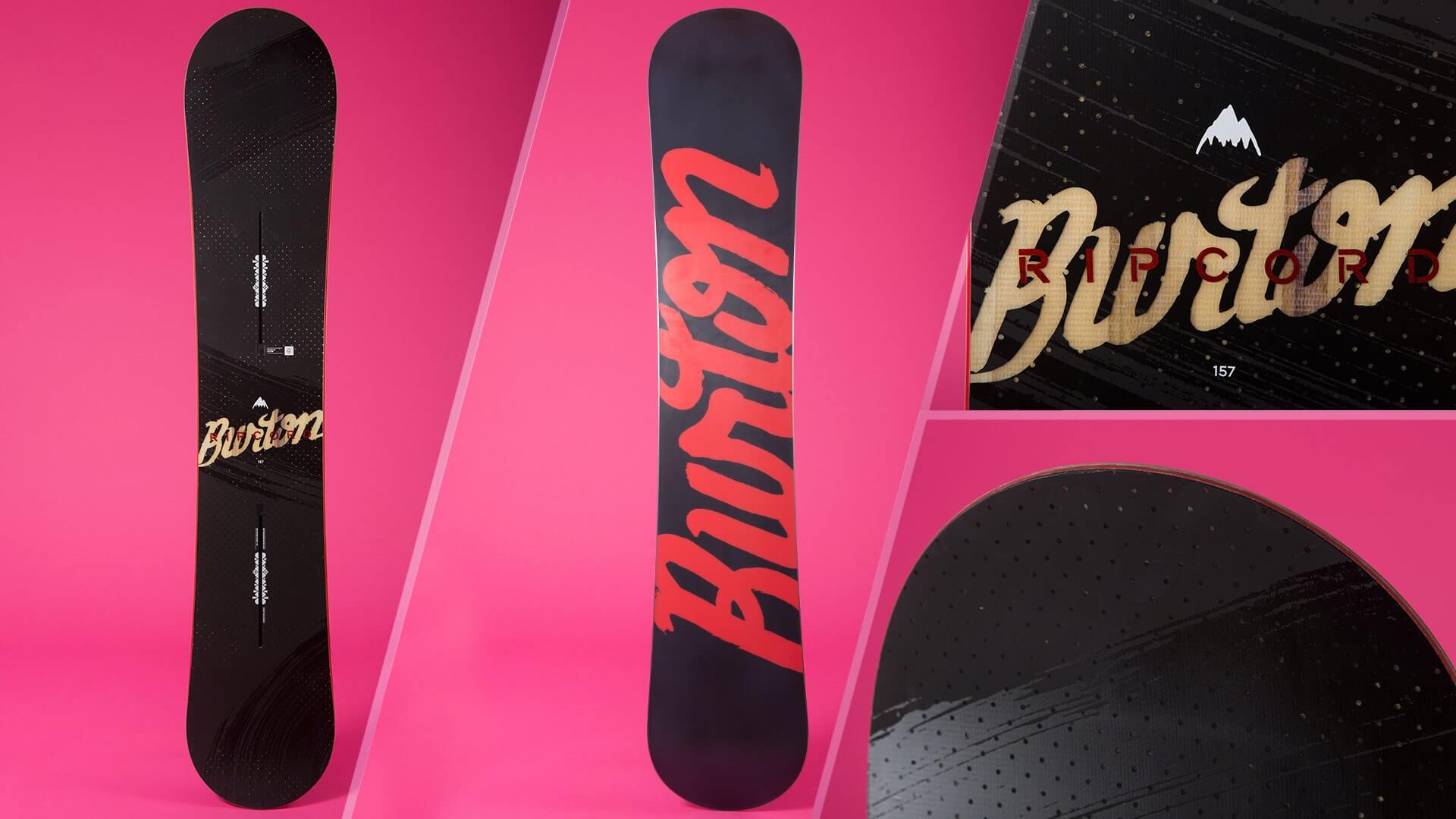 Burton snowboards in black and red against vibrant pink background