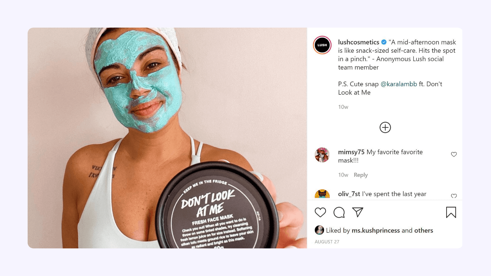 Person with turquoise face mask holding Lush 'Don't Look At Me' skincare product