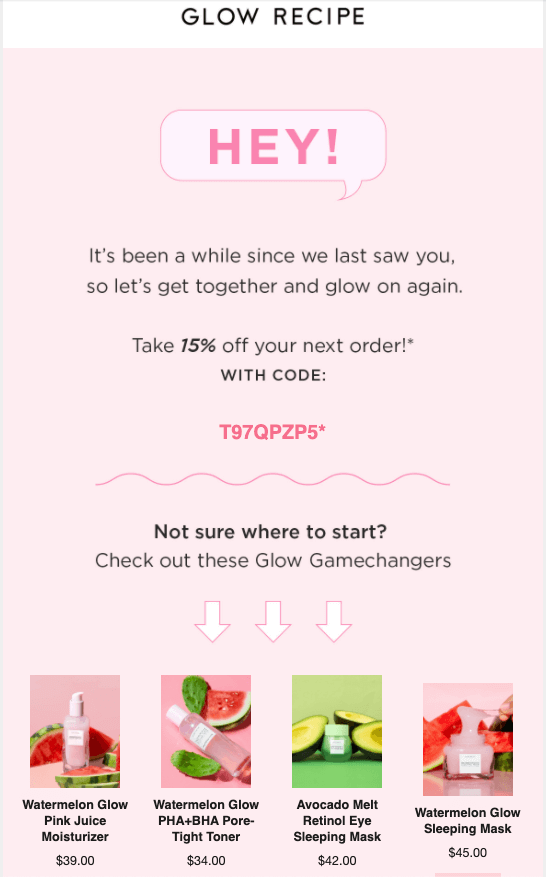 Glow Recipe promotional email with 15% off discount and skincare products